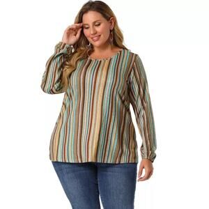 Women Plus Size Crew Neck Long Sleeve Stripe Blouse , Agnes Orinda New, Size 2XL